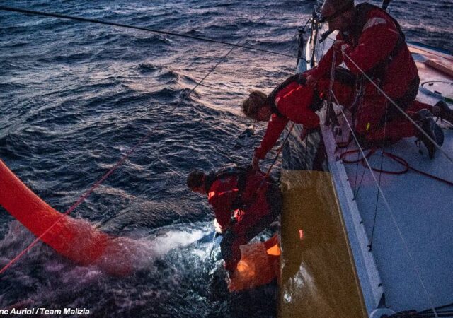 2023 Ocean Race - Malizia recover headsail from around foil